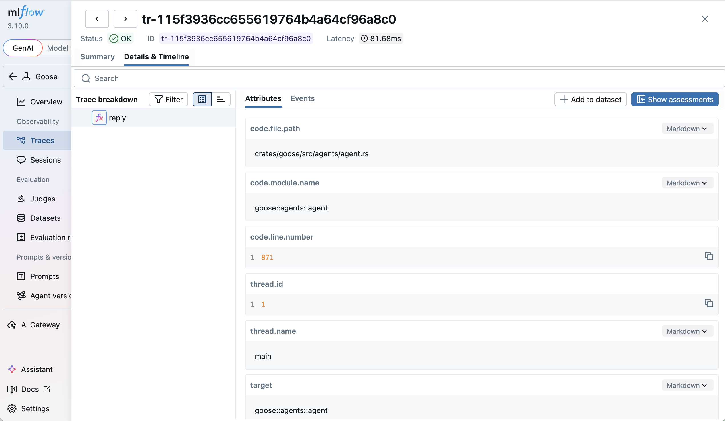 goose 在 MLflow 中的 trace 视图